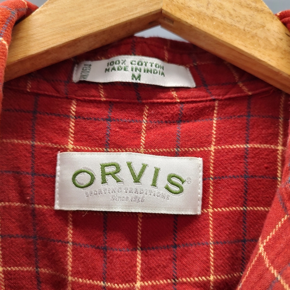 Men's Orvis red plaid flannel button down shirt with faux suede patch si… - Picture 3 of 7